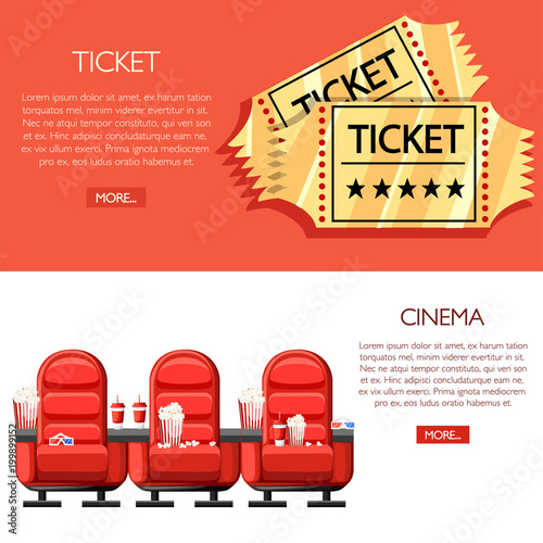 Cinema concept. Auditorium and three red comfortable armchairs in the cinema. Drinks and popcorn, glasses for movie. Cartoon cinema golden tickets. Vector illustration on white and red background