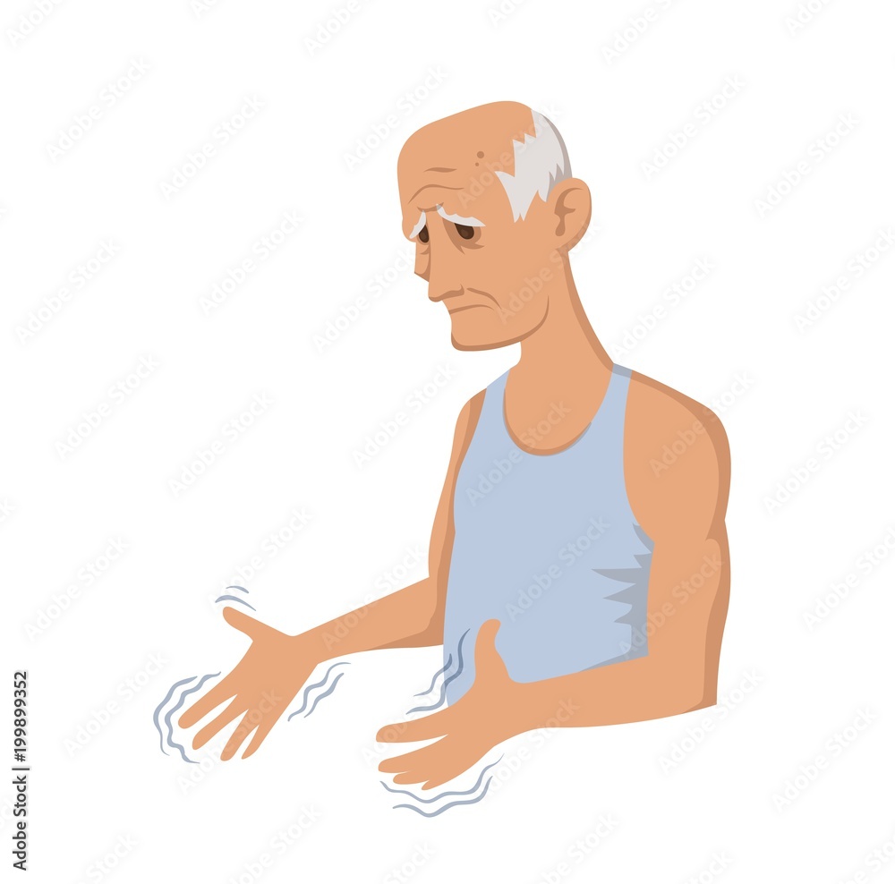 Tremor hands. An elderly man looking at the shaking hands. Symptom of