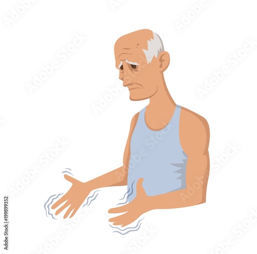 Tremor hands. An elderly man looking at the shaking hands. Symptom of Parkinson's disease. Medical vector illustration.