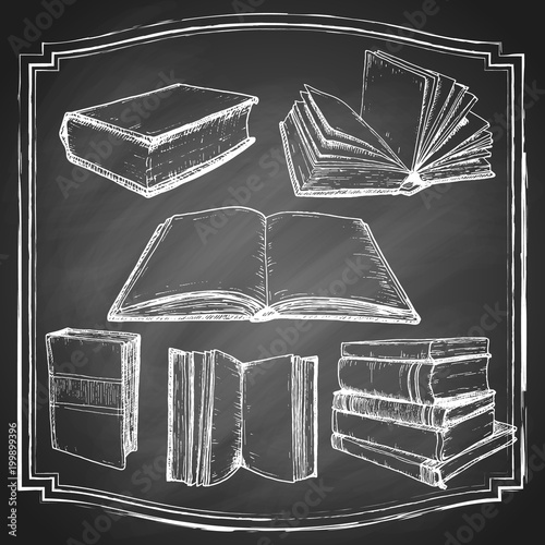 Hand drawn book sketch set, open and stack hatching drafts, on black chalkboard  background, vintage vector illustration.