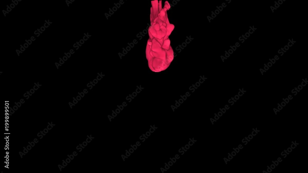 Fuxia or Red ink dissolves in water on black background, luma matte. Close-up drop ink in liquid, slow motion. VFX. 3d motion graphics, chemical reaction, ink or smoke. 3d render V2 Top