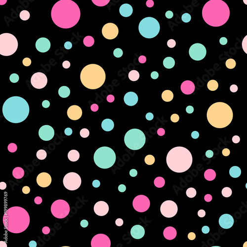 Colorful polka dots seamless pattern on black 3 background. Captivating classic colorful polka dots textile pattern. Seamless scattered confetti fall chaotic decor. Abstract vector illustration.