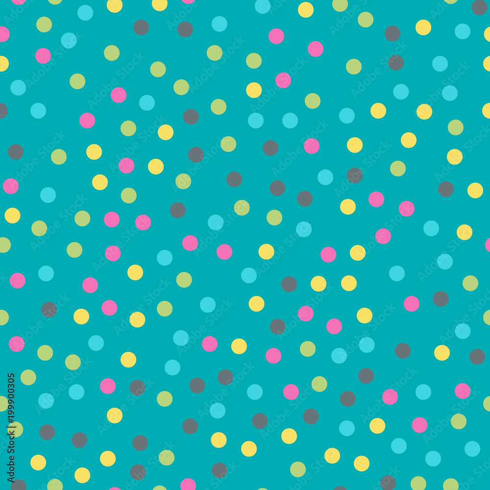 Colorful polka dots seamless pattern on bright 10 background. Magnetic classic colorful polka dots textile pattern. Seamless scattered confetti fall chaotic decor. Abstract vector illustration. Colorful polka dots seamless pattern on bright 10 background. Magnetic classic colorful polka dots textile pattern. Seamless scattered confetti fall chaotic decor. Abstract vector illustration.