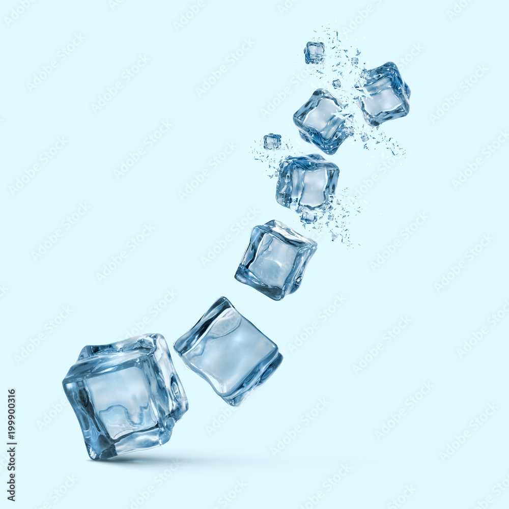 ice cubes with water splashes isolated on blue background ice cubes with water splashes isolated on blue background