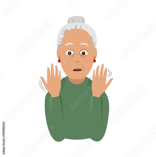 Tremor hands. An elderly woman looking at the shaking hands. Symptom of Parkinson's disease. Medical vector illustration.