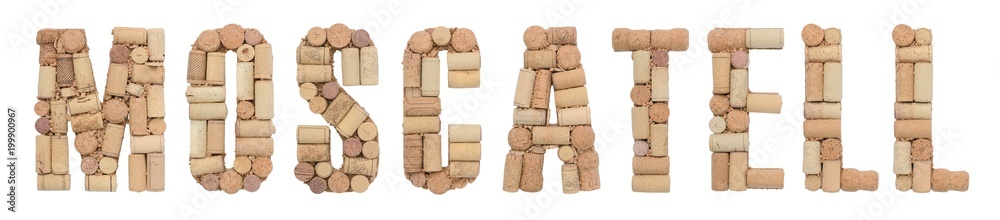 Grape variety Moscatell made of wine corks Isolated on white background