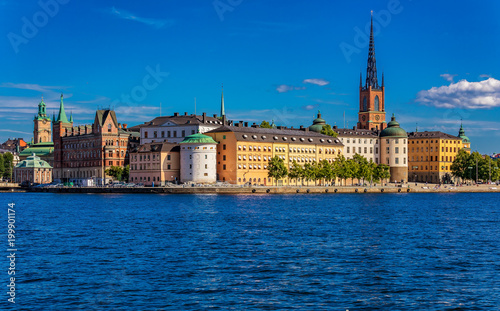 Panoramic view onto Stockholm old town Gamla Stan and Riddarholmen church in Sweden