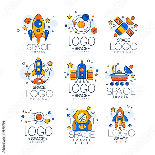 Flat vector set of linear space logo with colorful fill. Creative emblems with rocket, shuttle, alien saucer, astronaut, satellite, planets.