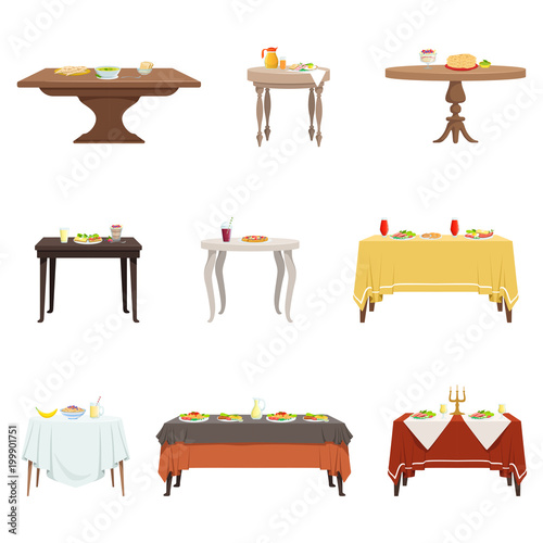 Flat vector set of wooden dinner tables with various food and drinks. Cartoon kitchen furniture. Breakfast, lunch, dinner.