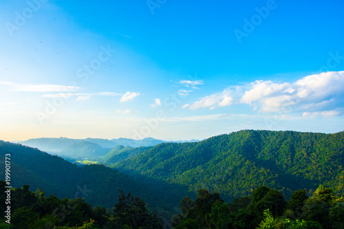 Beautiful hill view Landscape of hill and mountain with blue sky.