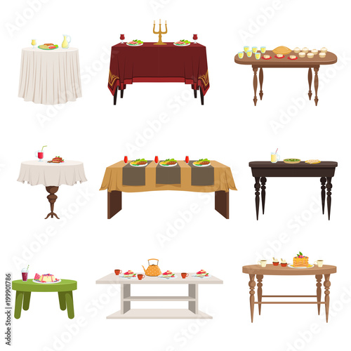 Flat vector set of different types of dining tables with served food and drinks. Kitchen furniture. Elements for home or restaurant interior