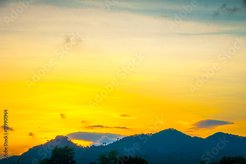 Beautiful hill view Landscape of hill and  mountain with dramatic sunset sky.
