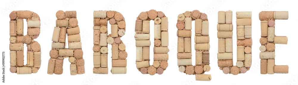 Grape variety Baroque made of wine corks Isolated on white background