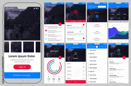 Design of mobile applications, UI, UX, GUI. Set with a welcome window, registration, home page, news search, statistics and settings
