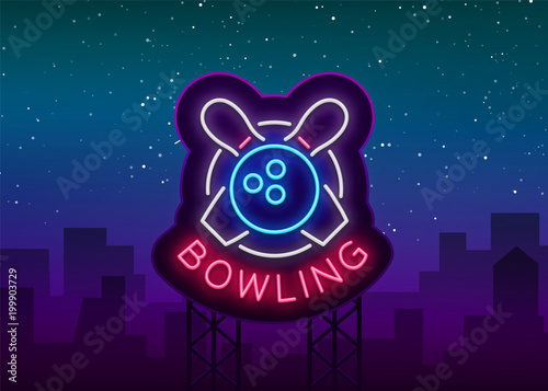 Bowling is a neon sign. Symbol emblem, Neon style logo, Luminous advertising banner, Night bright luminous billboard, Design template for the Bowling Club, Bowling Tournaments. Vector illustration
