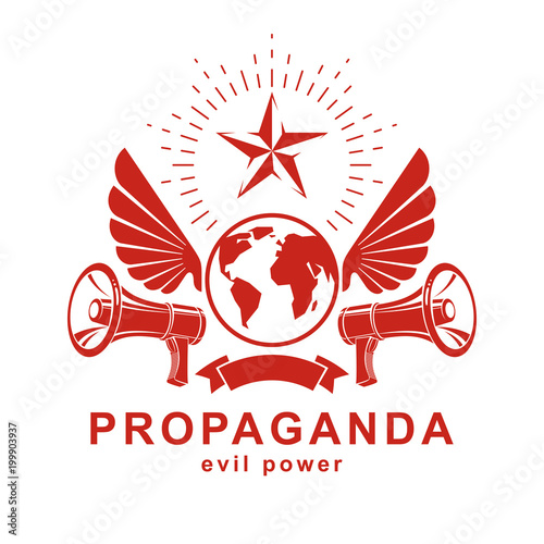 Advertising leaflet composed with loudspeakers and Earth globe, vector illustration. Disinformation idea, misleading information concept, brainwashing theme