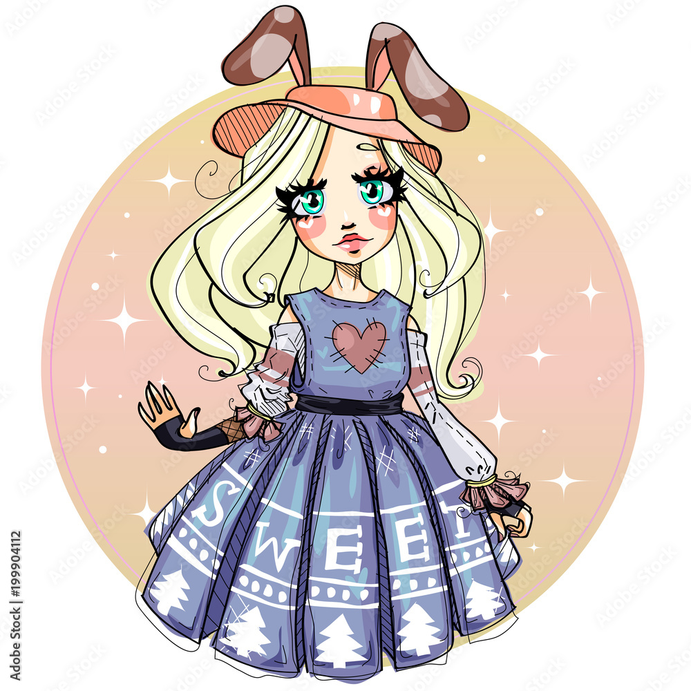 Cute fashion girl with bunny hat, cartoon character design, hand drawn  vector kids illustration Stock Vector | Adobe Stock