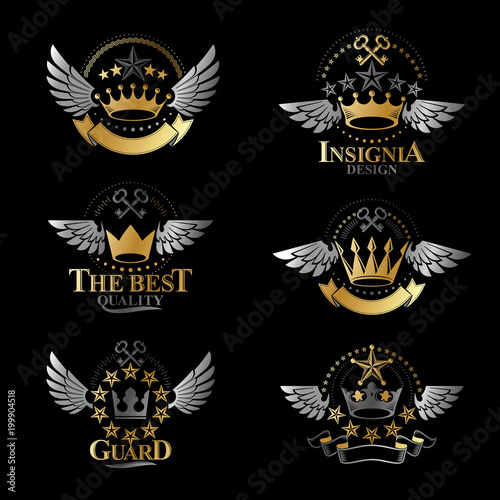 Majestic Crowns emblems set. Heraldic Coat of Arms decorative logos isolated vector illustrations collection.