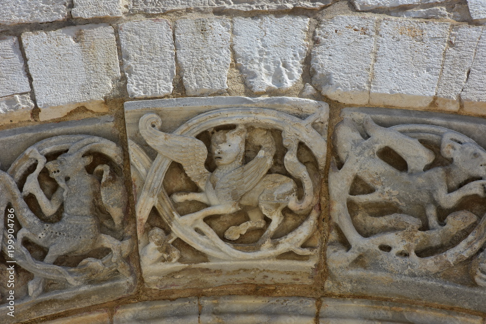 Italy, Puglia, Cathedral of Trani, a messenger monument of a UNESCO culture of peace, is a splendid example of Apulian Romanesque architecture.  Details of the main facade.