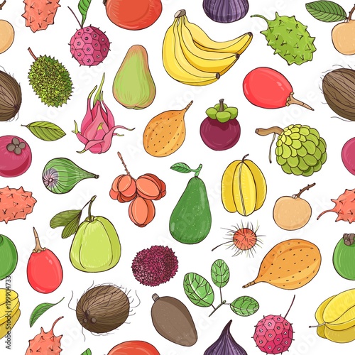 Colorful seamless pattern with tasty sweet fresh juicy exotic tropical fruits...