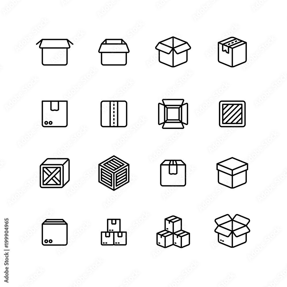 Paper and wood box line icons. Shipping packing outline vector pictograms