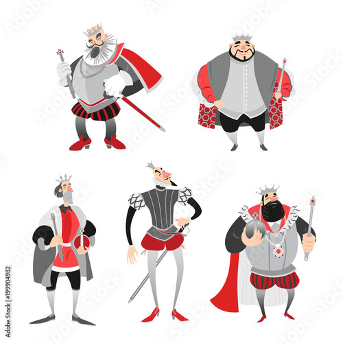 Set of vector illustrations of funny cartoon kings in historical costumes. Isolated fairy tale characters on a white background