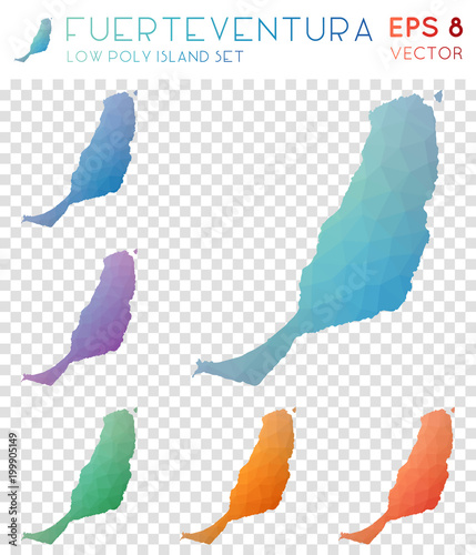 Fuerteventura geometric polygonal maps, mosaic style island collection. Pleasant low poly style, modern design. Fuerteventura polygonal maps for infographics or presentation.