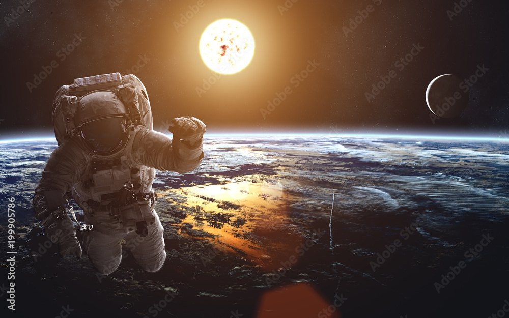 Earth's cosmic landscape. Solar System. Astronaut. Image in 5K resolution  for desktop wallpaper. Elements of the image are furnished by NASA Stock  Photo | Adobe Stock