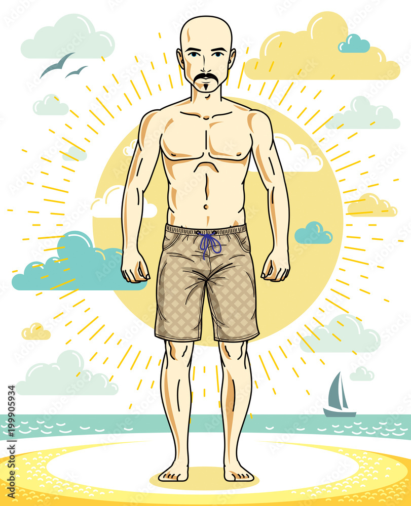 Handsome bald adult man with stylish beard and mustaches standing on tropical beach in bright shorts. Vector nice and sporty man illustration. Summertime theme clipart.