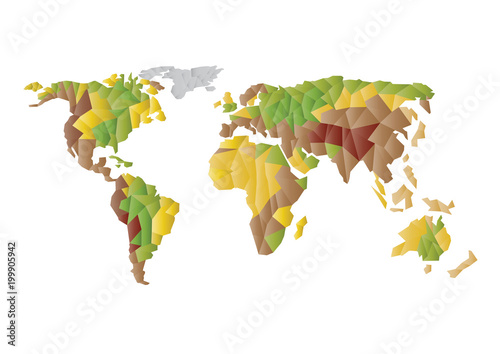 Trendy vector low polygons world map isolated on white background. Color vector Europe, Asia, Australia, Africa and America continents illustration in flat design style.