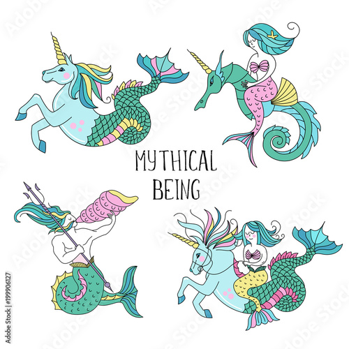 Mythological sea creatures. Vector illustration.