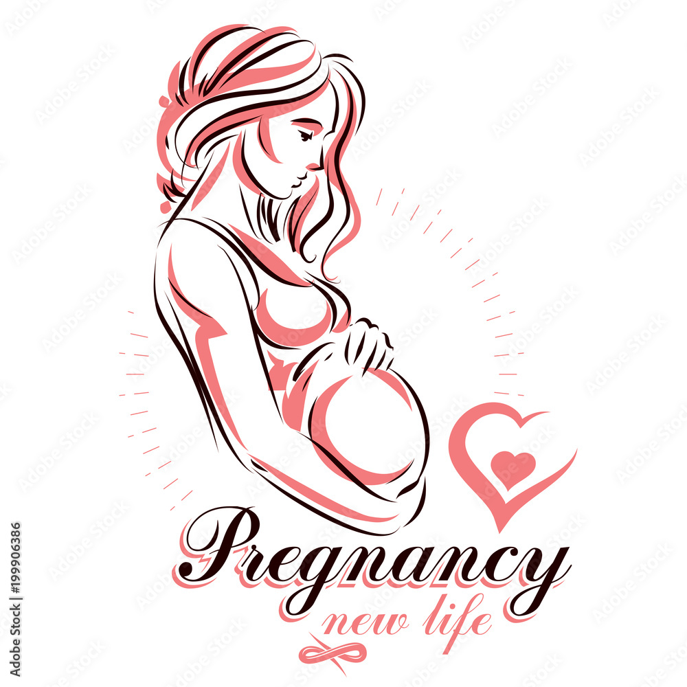 Elegant pregnant woman body silhouette drawing. Vector illustration of mother-to-be fondles her belly. Gynecology and pregnancy medical care clinic promotion leaflet