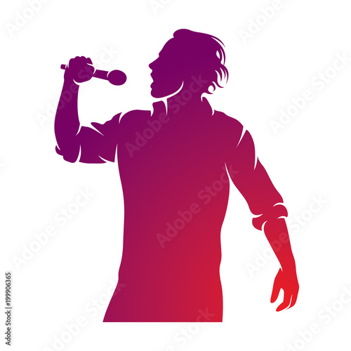 Superstar performance vector illustration, person with microphone in hand is singing live or karaoke. Emcee show concept.