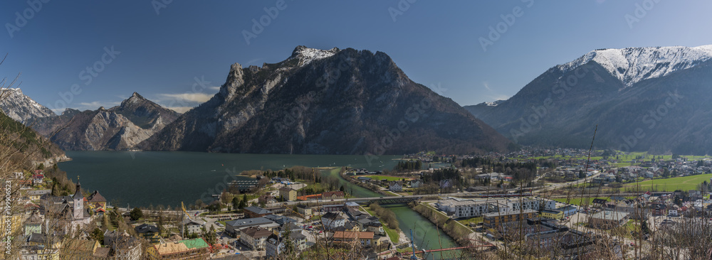 Panorama of Ebensee sea and town in big Alps