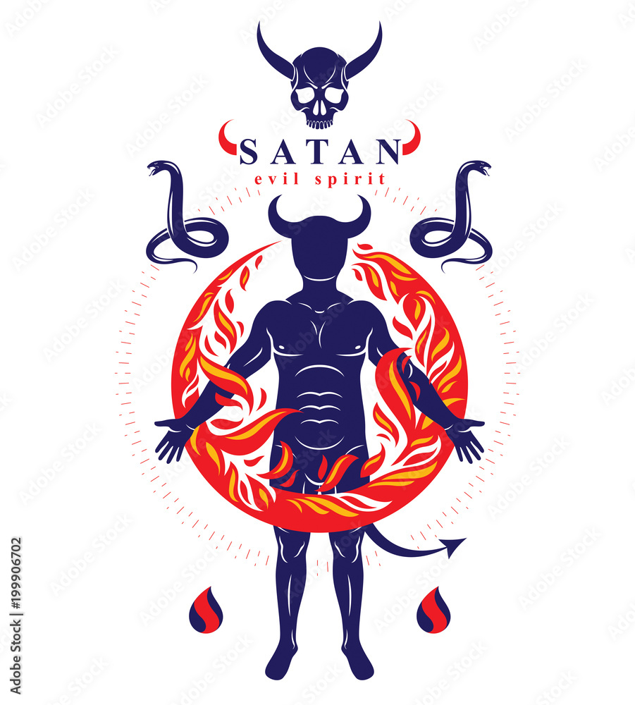 Vector graphic illustration of strong horned wicked male, body silhouette surrounded by a fireball. Demonic infernal creature, Baphomet.