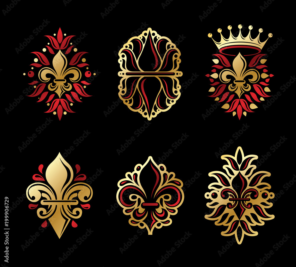 Lily Flowers Royal symbols, floral and crowns, emblems set. Heraldic ...