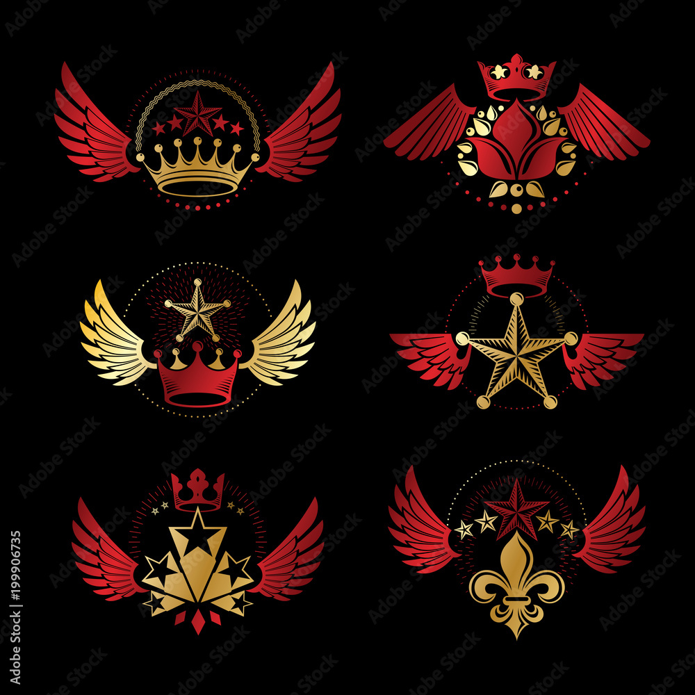 Royal Crowns and Ancient Stars emblems set. Heraldic Coat of Arms decorative logos isolated vector illustrations collection.