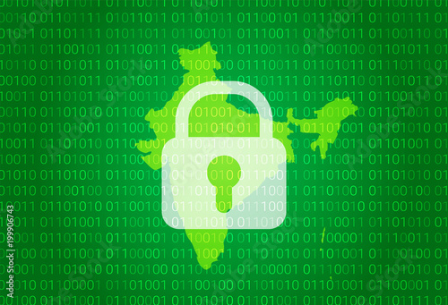 Map of India. illustration with lock and binary code background. internet blocking,virus attack, privacy protect