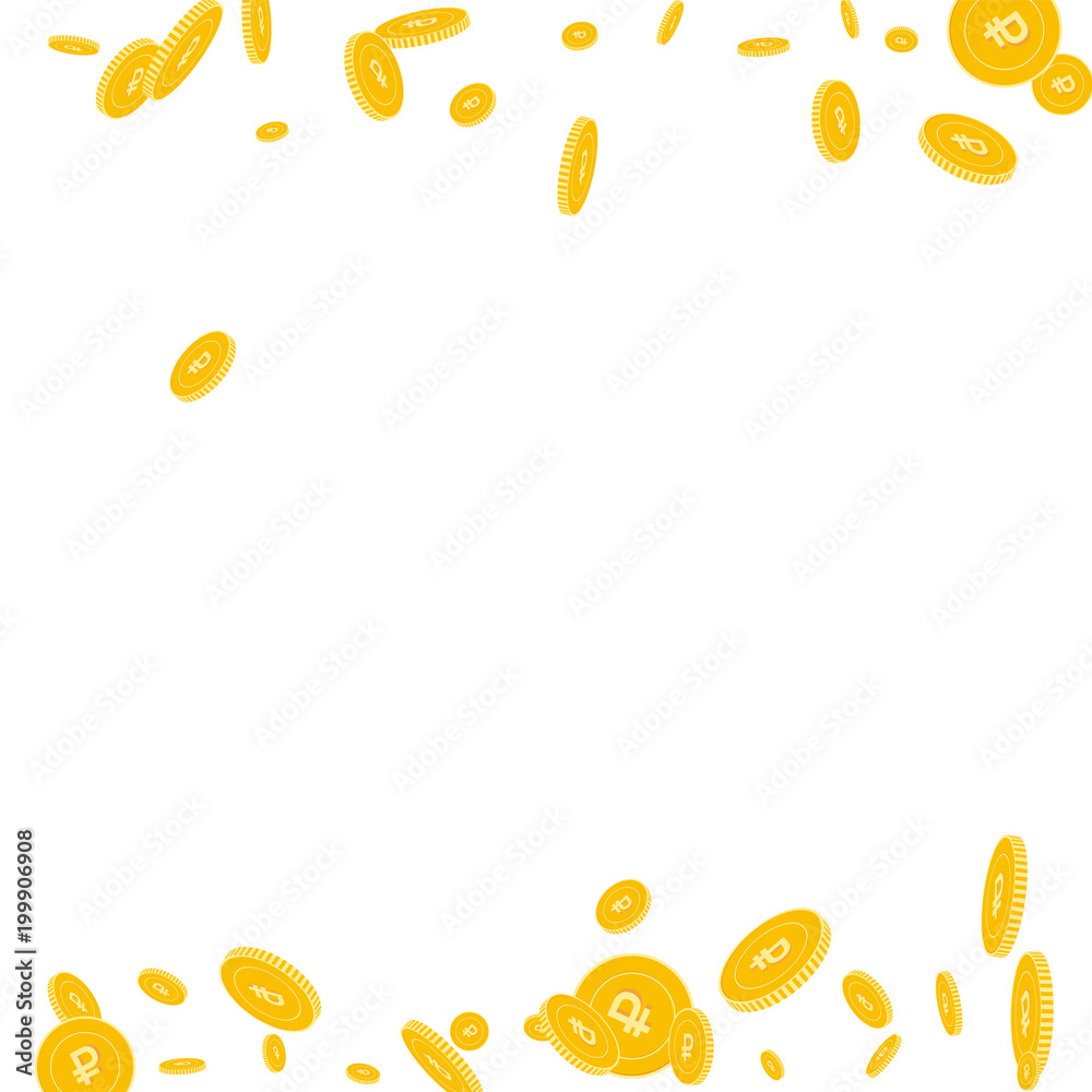 Russian ruble coins falling. Scattered disorderly RUB coins on white background. Fine borders vector illustration. Jackpot or success concept.