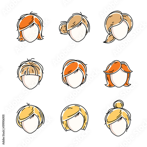 Collection of women faces, human heads. Diverse vector characters like red-haired and blonde females, beautiful ladies visage clipart and user profile.