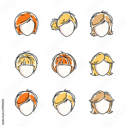 Collection of women faces, human heads. Diverse vector characters like red-haired and blonde females, beautiful ladies visage clipart and user profile.