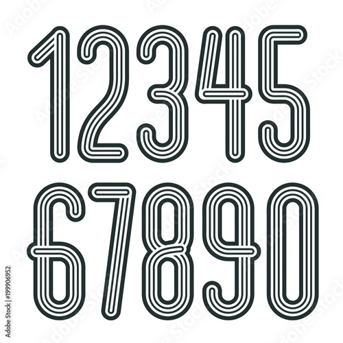 Set of stylish disco vector digits, modern numerals collection. Funky tall numerals from 0 to 9 best for use in poster art. Made with triple stripy decoration.