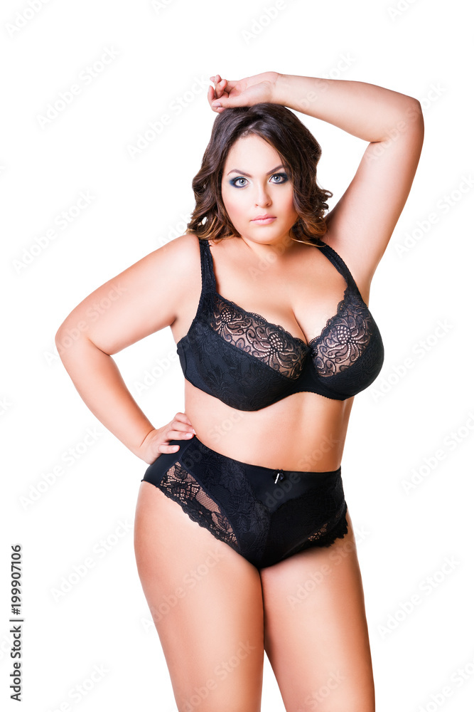 Plus size sexy model in black underwear, fat woman isolated on white  background, overweight female body Photos | Adobe Stock