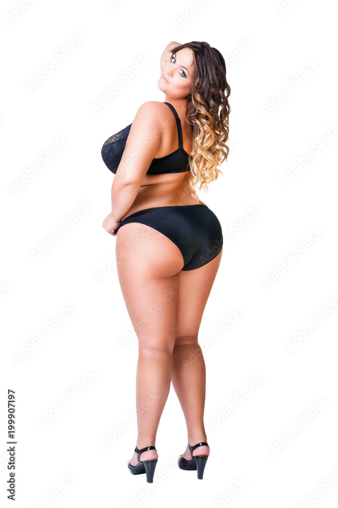 Plus size sexy model in black underwear, fat woman isolated on white  background, overweight female body Stock Photo | Adobe Stock