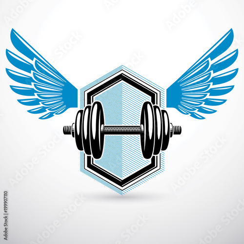 Dumb-bell with disc weight vector illustration created using wings. Gym power lifting sport equipment for heavy load pumping and weightlifting.