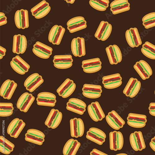 Pattern delicious burgers with juicy meat, vegetables and cheese on fresh bun with sesame on brown background. Burger pattern background.