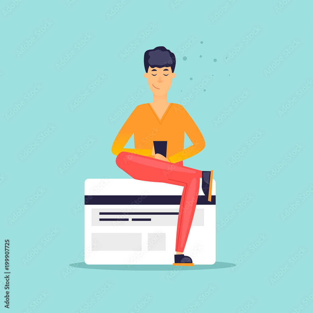 Payment by bank card, online, through the Internet. Flat design vector illustration. Payment by bank card, online, through the Internet. Flat design vector illustration.