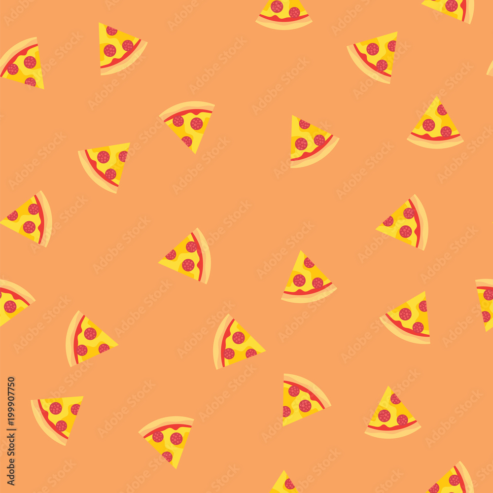 Fototapeta premium Pizza slices with sausage and cheese pattern background. Appetizing pizza slices seamlesss pattern.