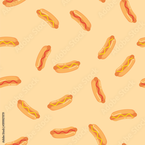 Hot dogs with sausage, tomato ketchup and mustard sauce seamless pattern. Pattern hot dogs on colored background.
