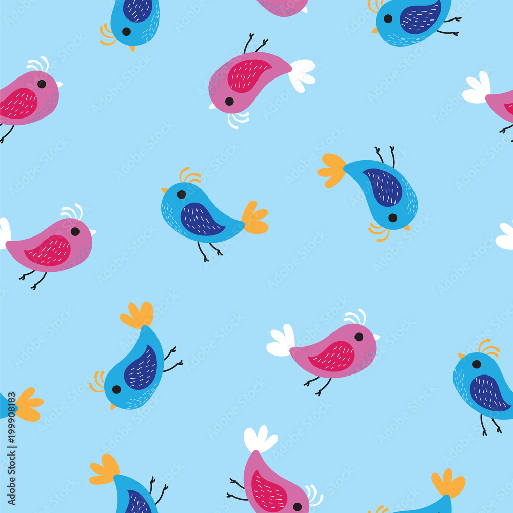 Pink and blue birds pattern background. Seamless pattern colored birds on blue background.